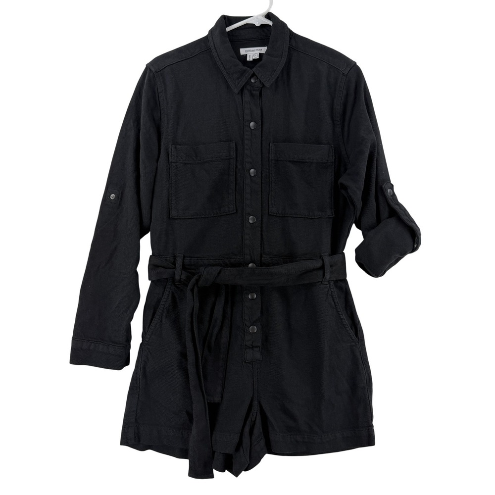 Good American Romper Womens 1 Black Long Sleeve Belted Utility Twill‎ Snap Front